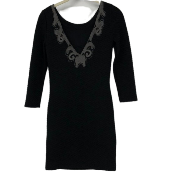 Free people Black textured “Looking for a  Stud” studded 3/4 sleeve mini dress - Picture 3 of 16